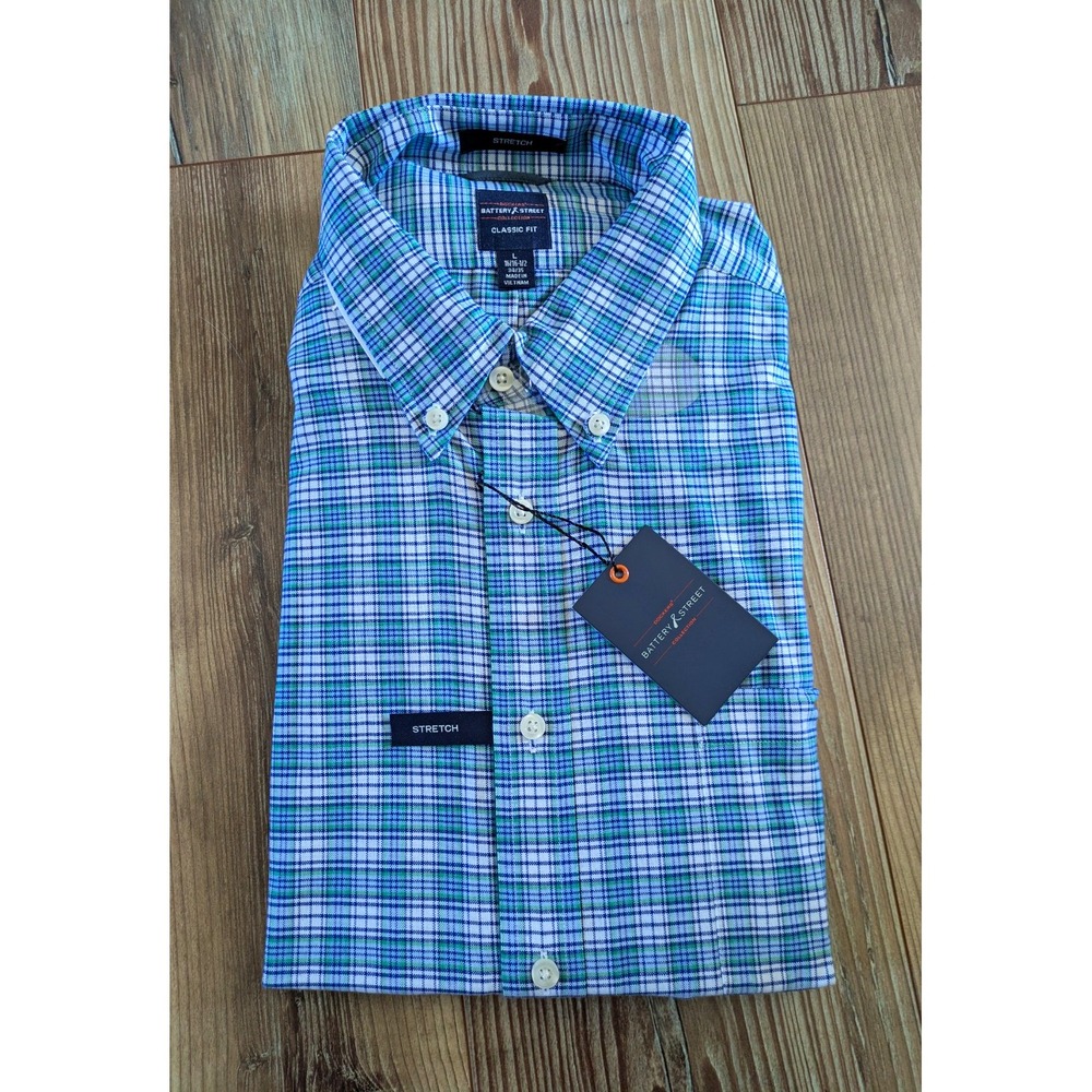 Dockers Battery Street Collection Blue Green Check Plaid Button Down Dress Shirt